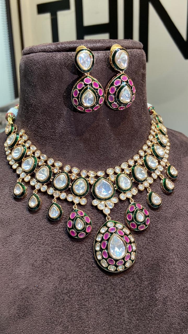 Antique Kundan Polki Choker Set with Emerald & Ruby Pink Meenakari - Image 3