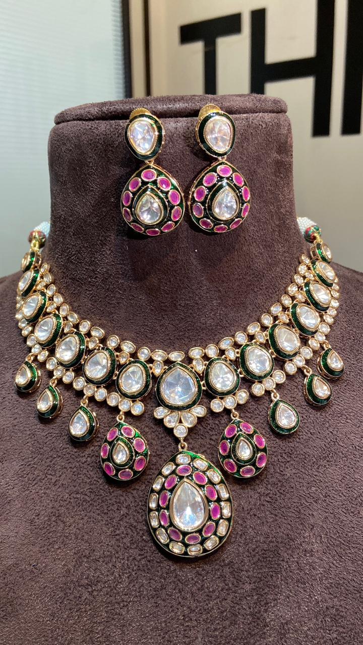Antique Kundan Polki Choker Set with Emerald & Ruby Pink Meenakari - Image 4