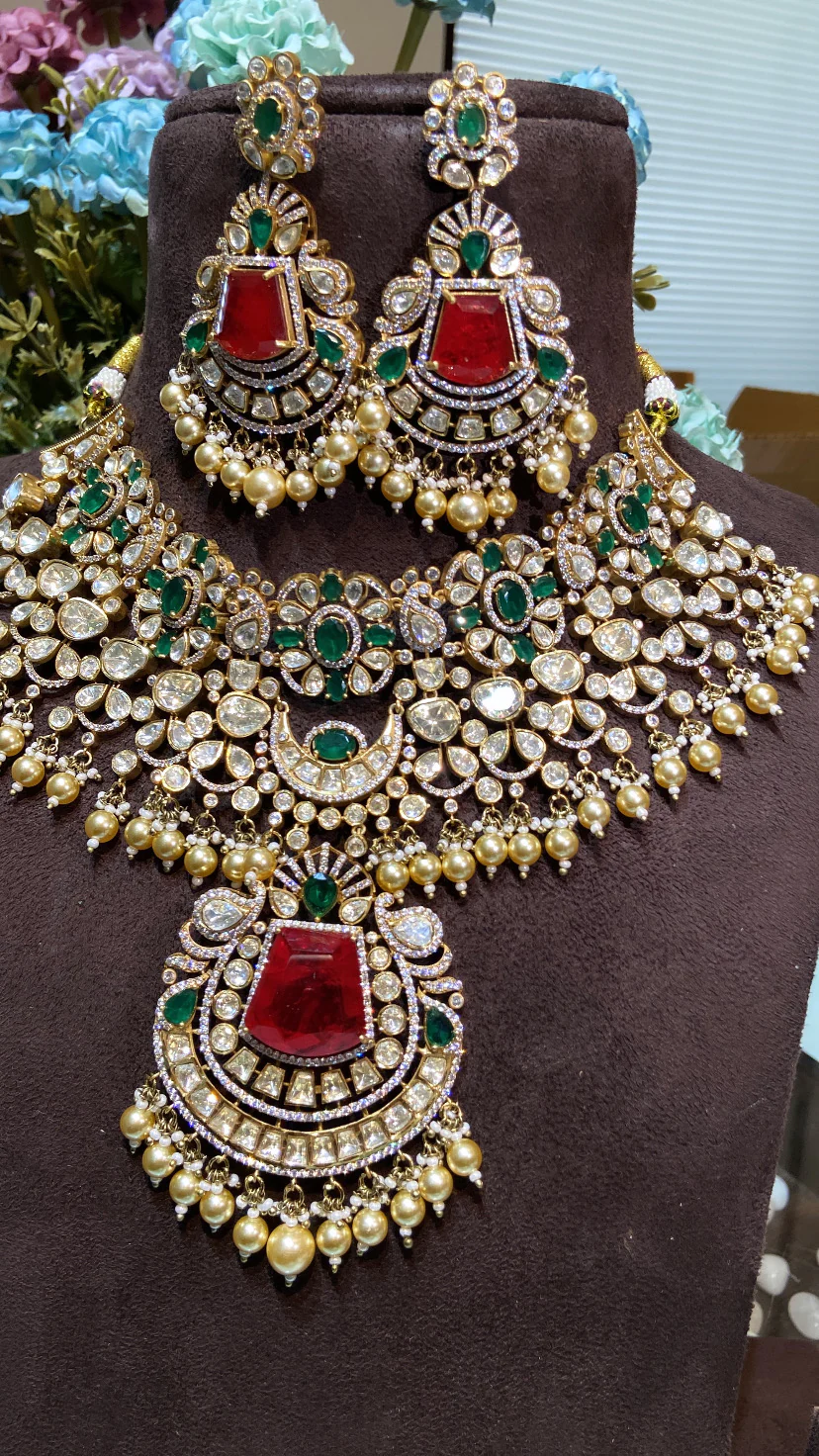 BRIDAL MOISSANITE POLKI EMERALD CHOKER SET - Image 2