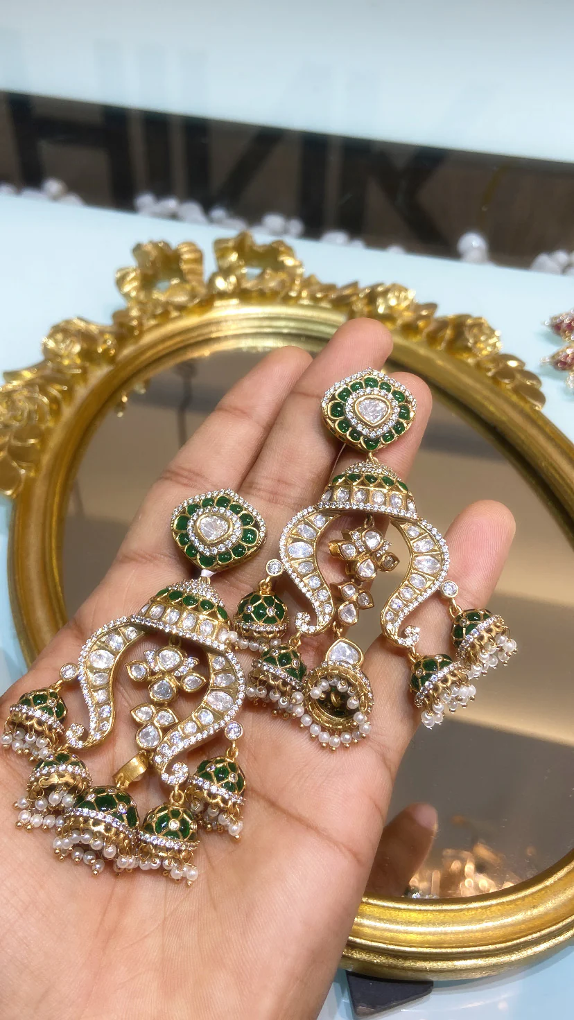 DHRITI LAYERED MOISSANITE POLKI JHUMKIS CHANDBALI - Image 2