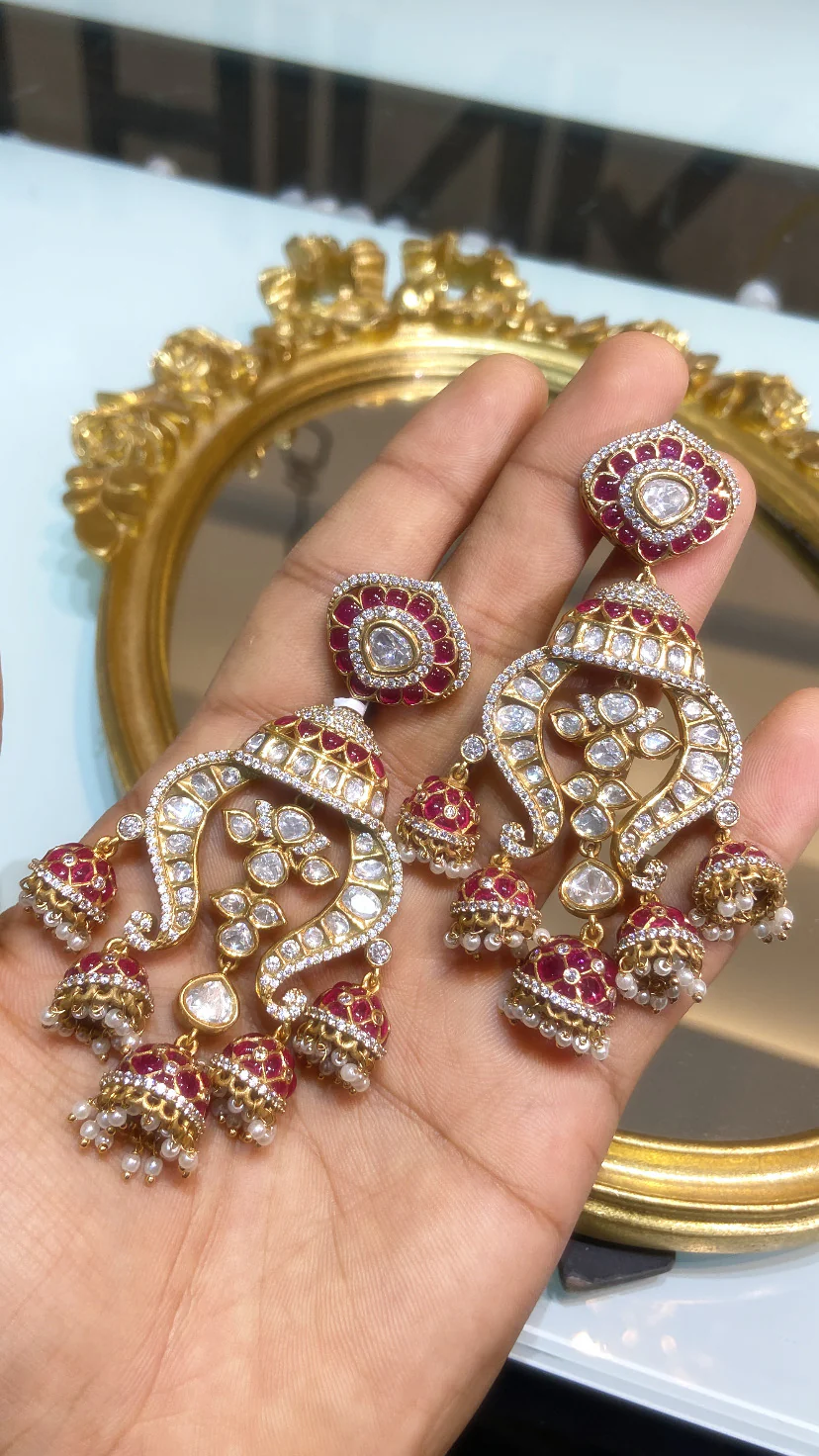 DHRITI LAYERED MOISSANITE POLKI JHUMKIS CHANDBALI - Image 5