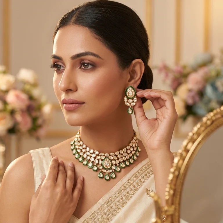 Festive flexible evergreen meena kundan polki necklace set 🤎 - Image 4