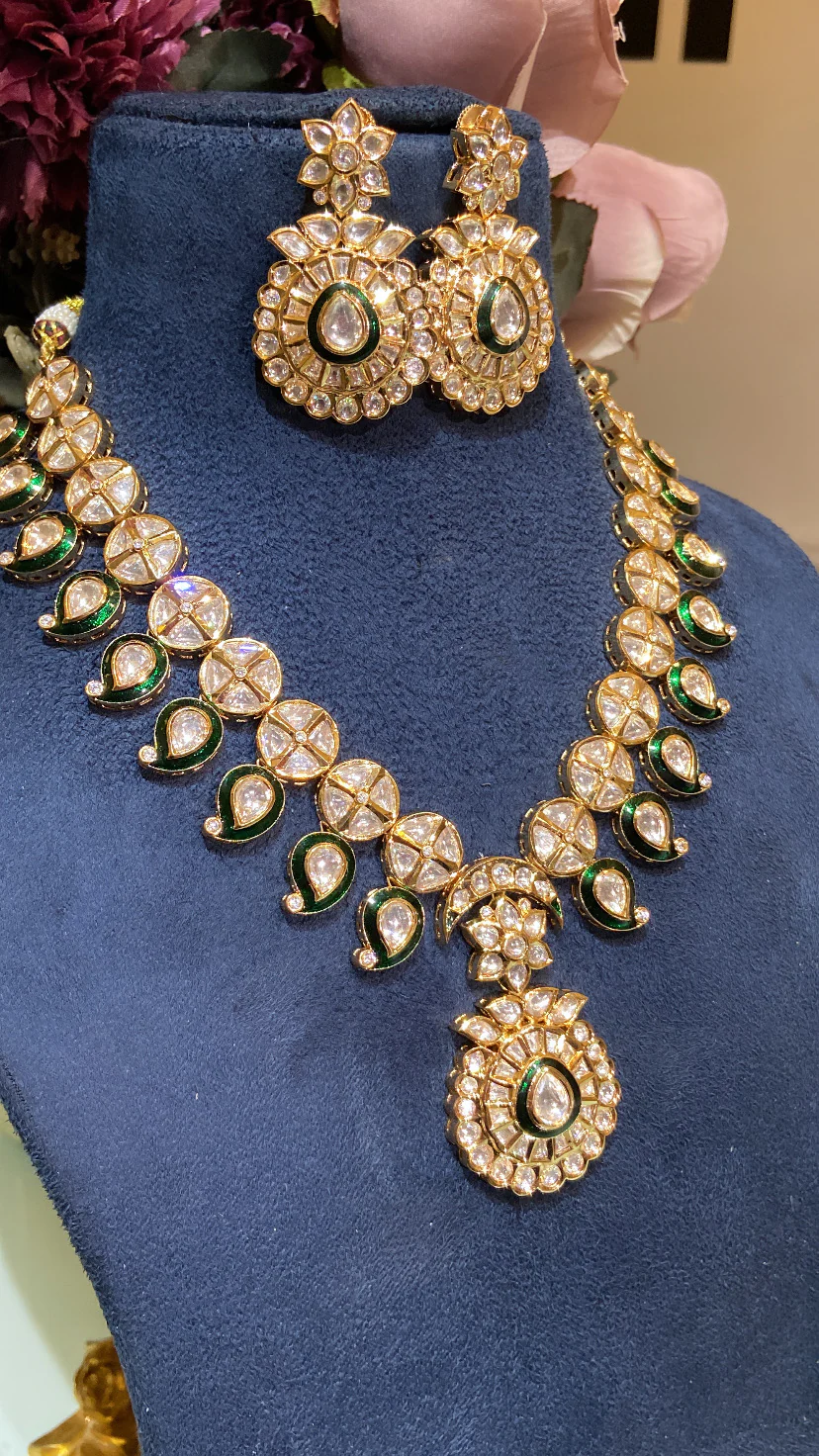Festive Leaf meena kundan polki necklace set - Image 2