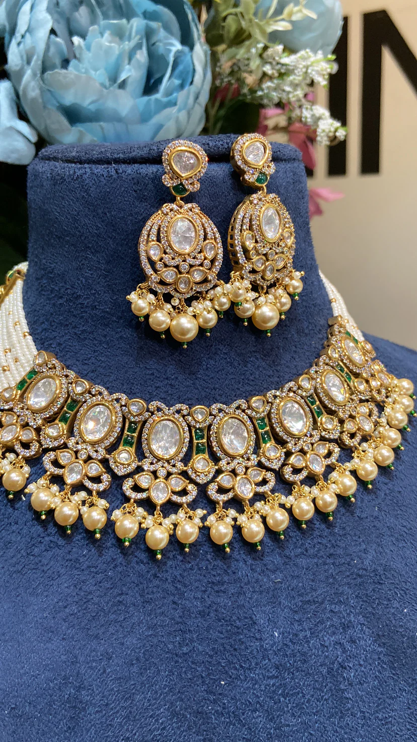 Festive pearl green Polki choker set - Image 2