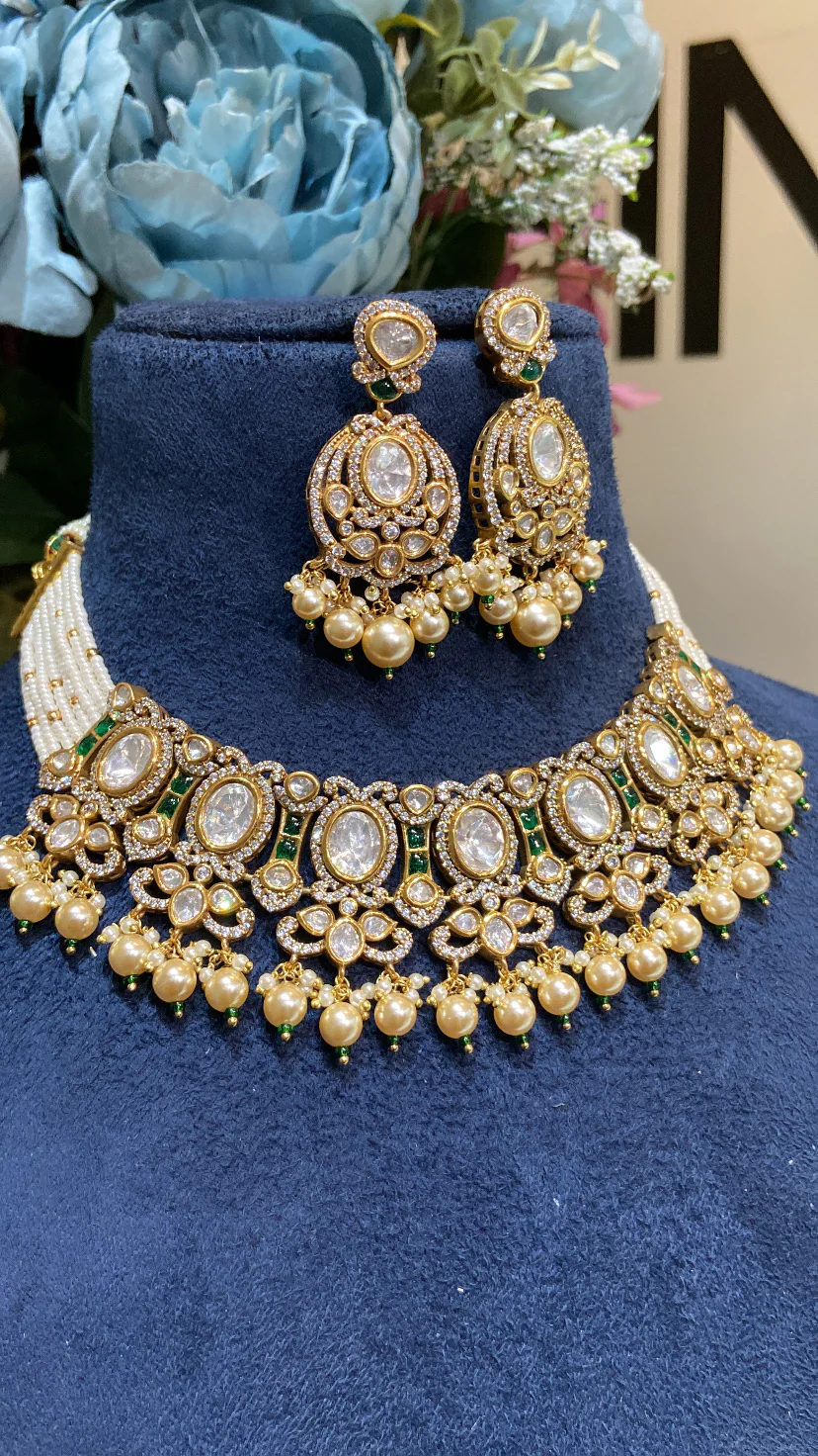 Festive pearl green Polki choker set - Image 3
