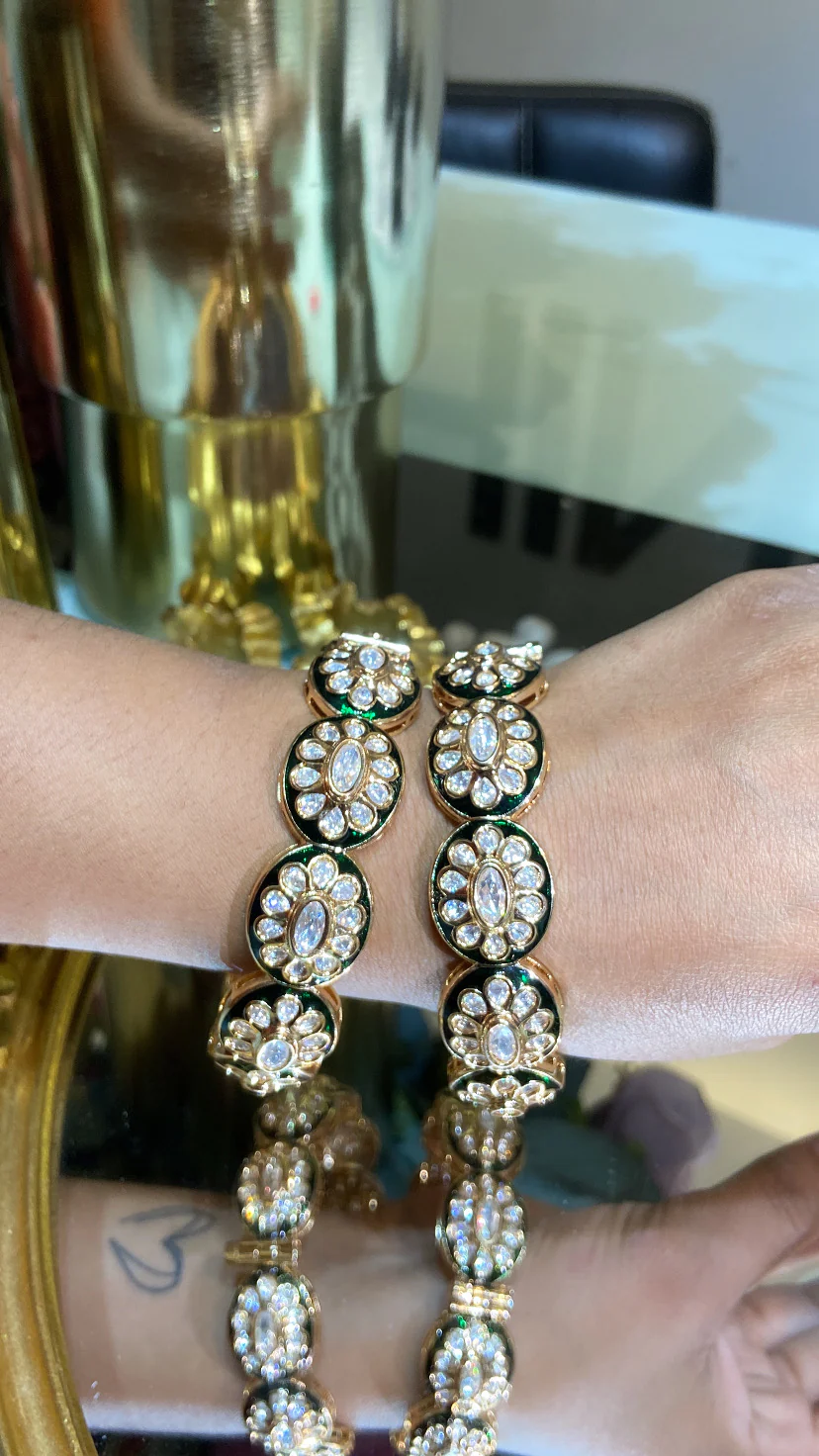 Green enamel Polki bangles (openable) pair