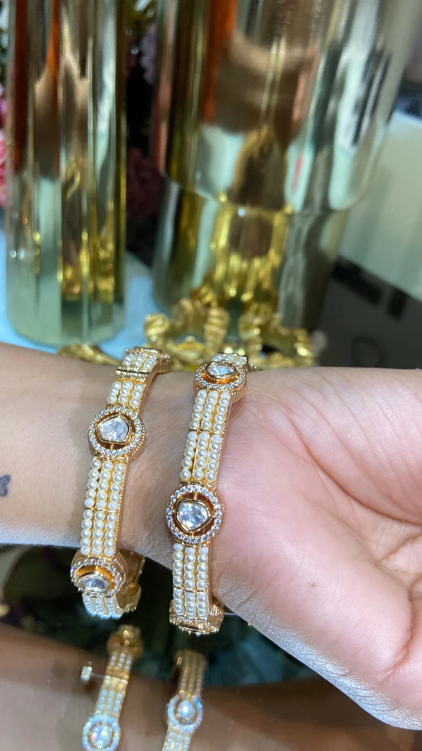 MOISSANITE Polki pearl bangles (openable) Pair - Image 4