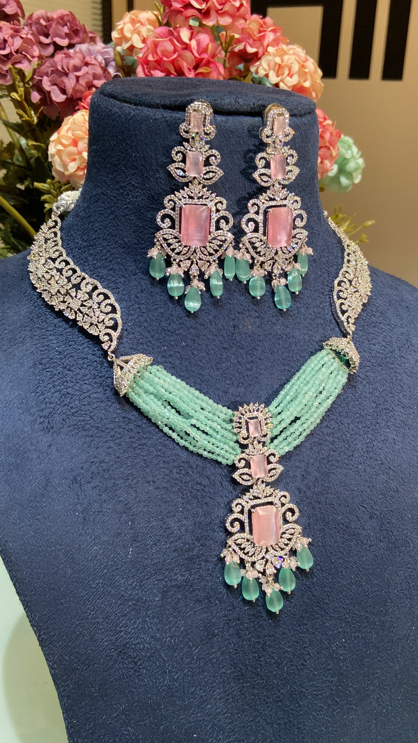 PASTEL PINK GREEN NECKLACE SET - Image 3