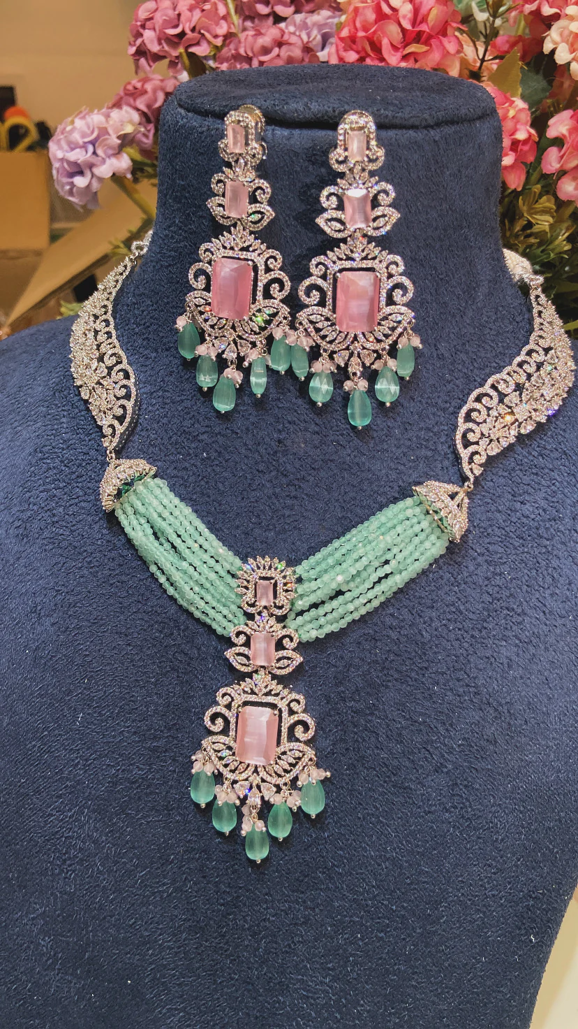 PASTEL PINK GREEN NECKLACE SET - Image 4