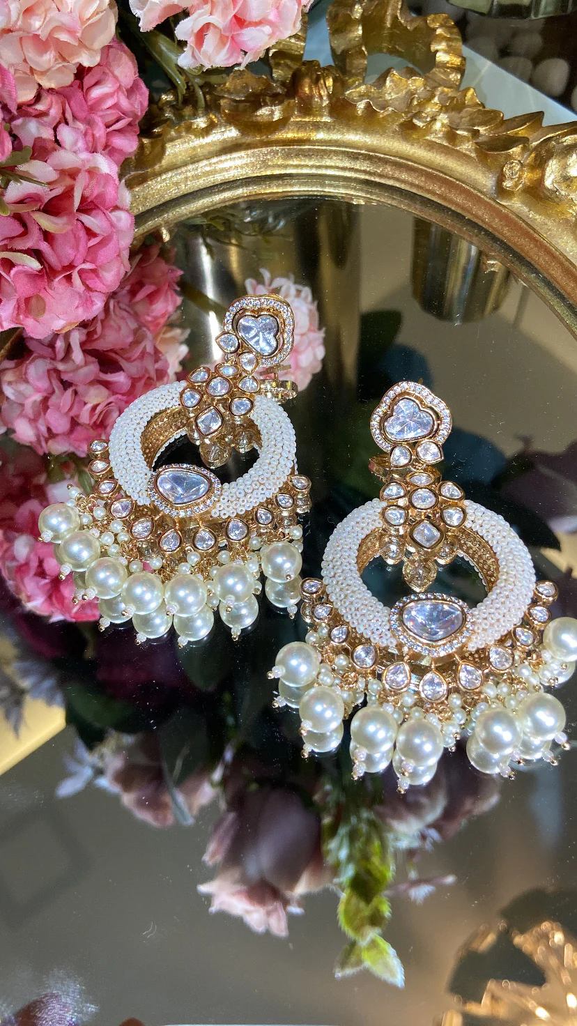 Pearl embedded Moissanite Polki Chandbali - Image 2