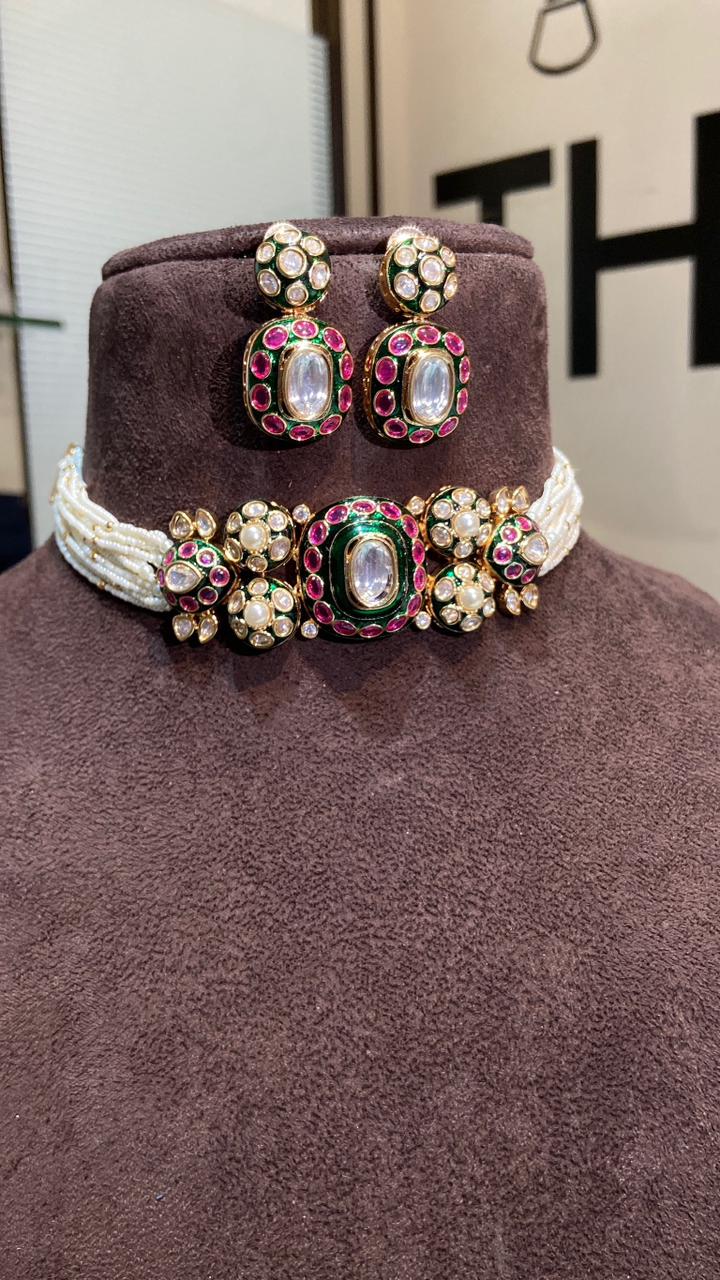 Nizami pearl Polki Choker Set with Emerald & Ruby Pink Meenakari - Image 2