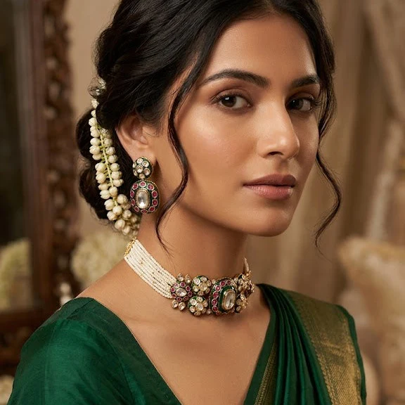 Nizami pearl Polki Choker Set with Emerald & Ruby Pink Meenakari - Image 3