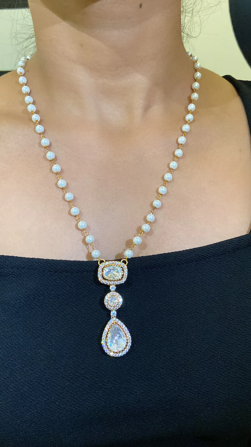 Pearl string Moissanite polki pendant chain earring set - Image 4