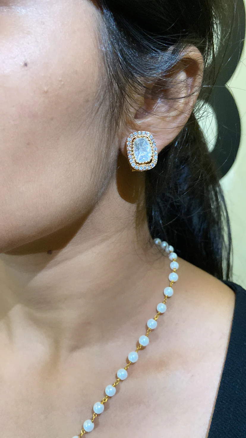 Pearl string Moissanite polki pendant chain earring set - Image 5