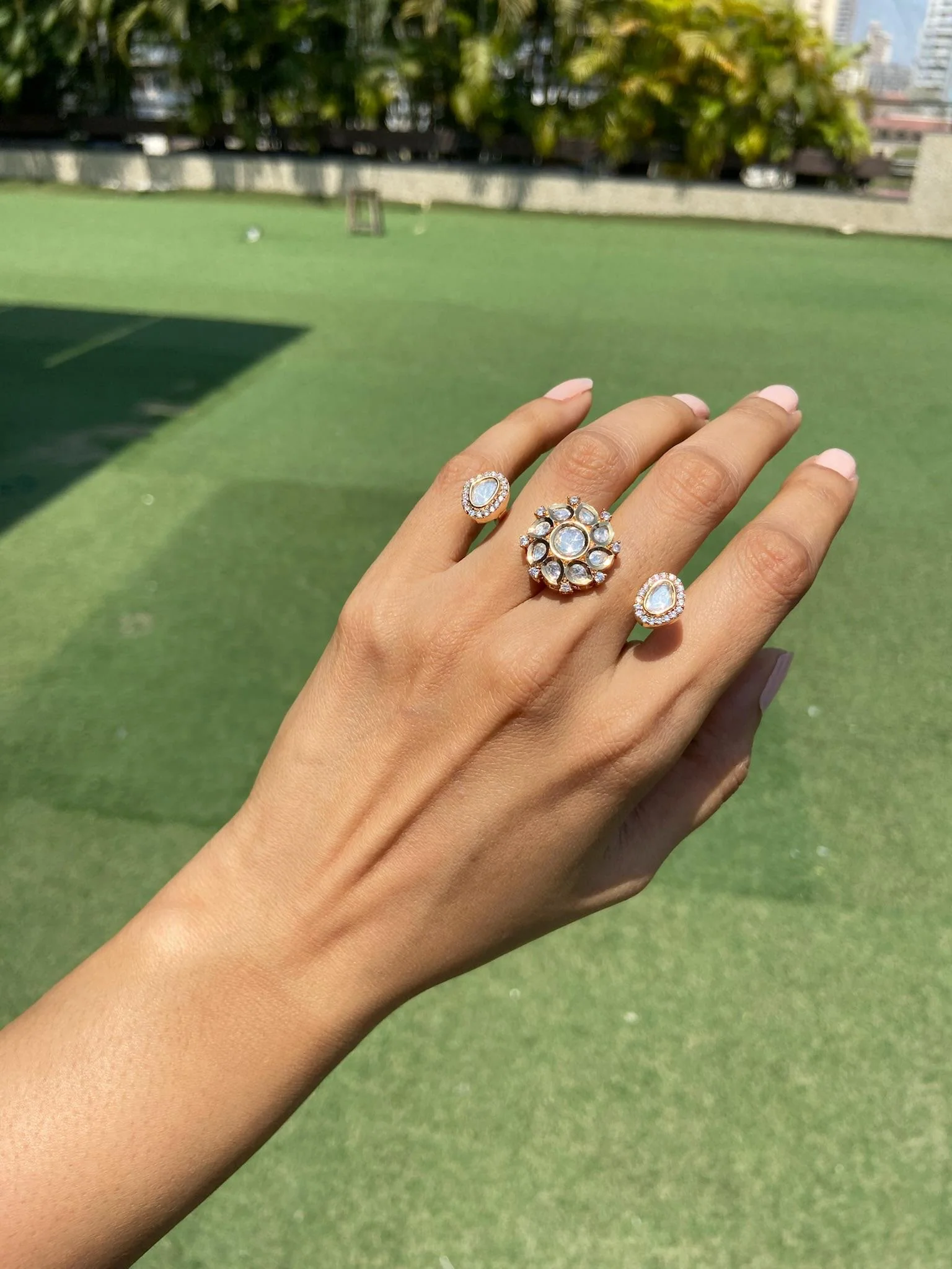 Polki Diamond Between-the-Finger Ring - 3 finger ring - Image 3
