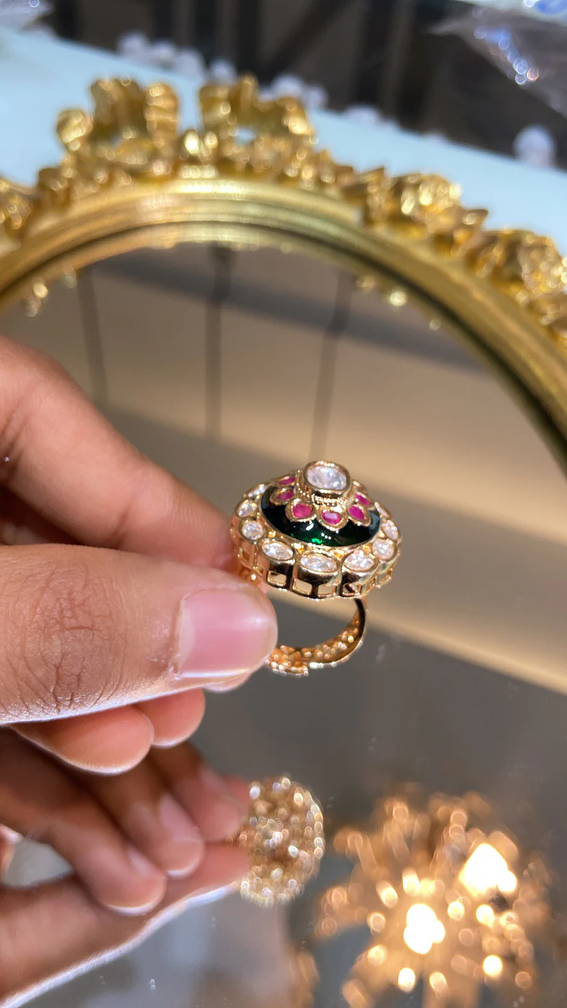 Red green meena Polki ring - Image 2