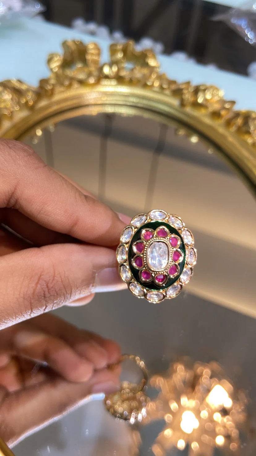 Red green meena Polki ring - Image 3