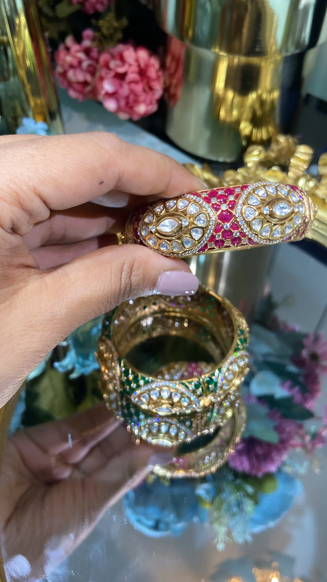 Festive Red & Green studded Polki Kada Openable (Single) - Image 2
