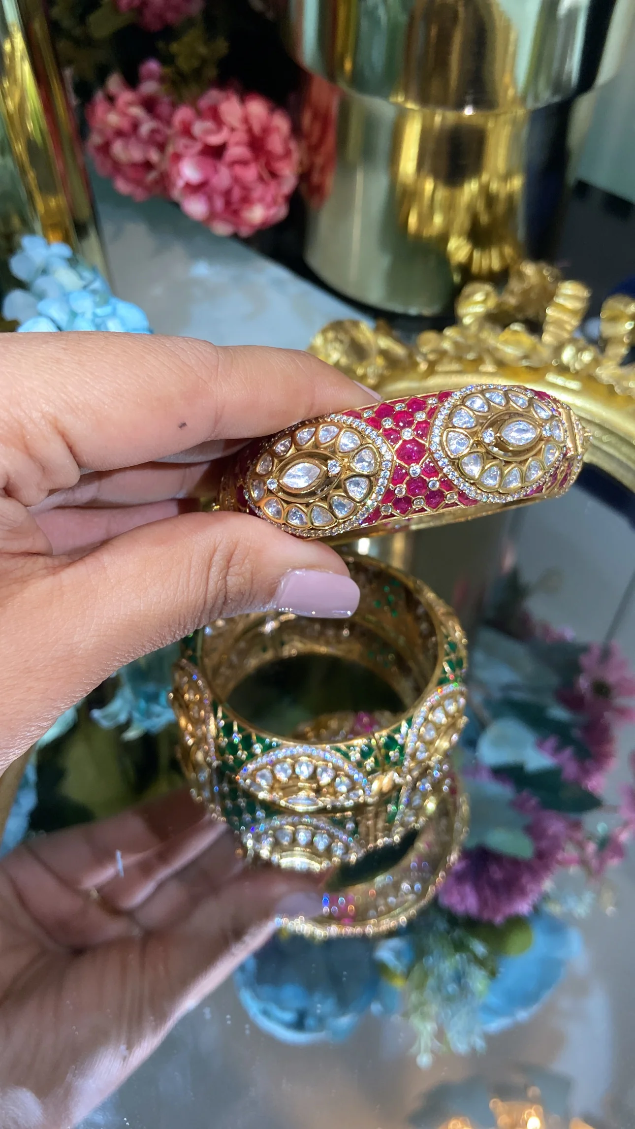 Festive Red & Green studded Polki Kada Openable (Single) - Image 4