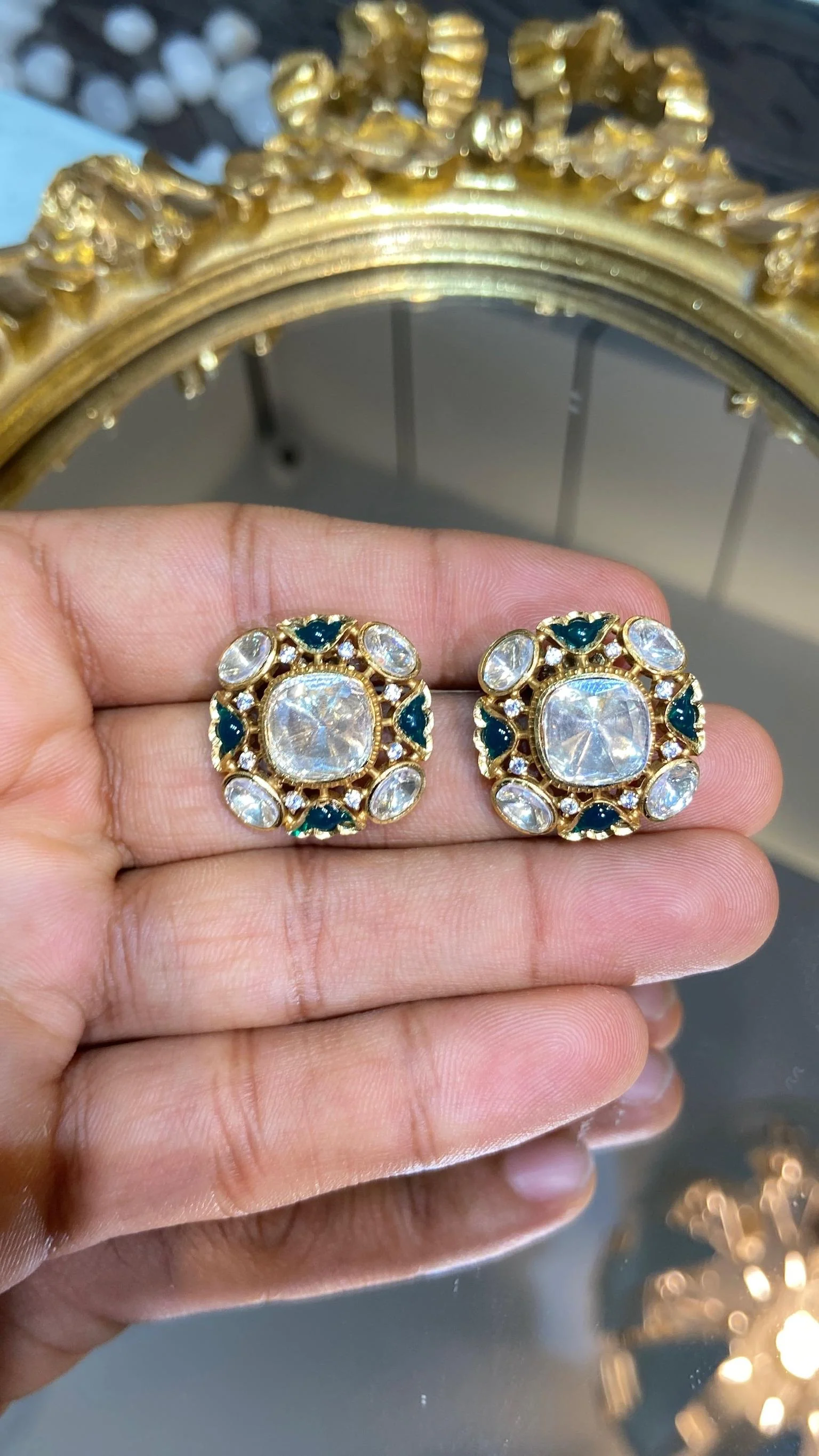 Regal Emerald/Ruby Square polki Studs - Image 2