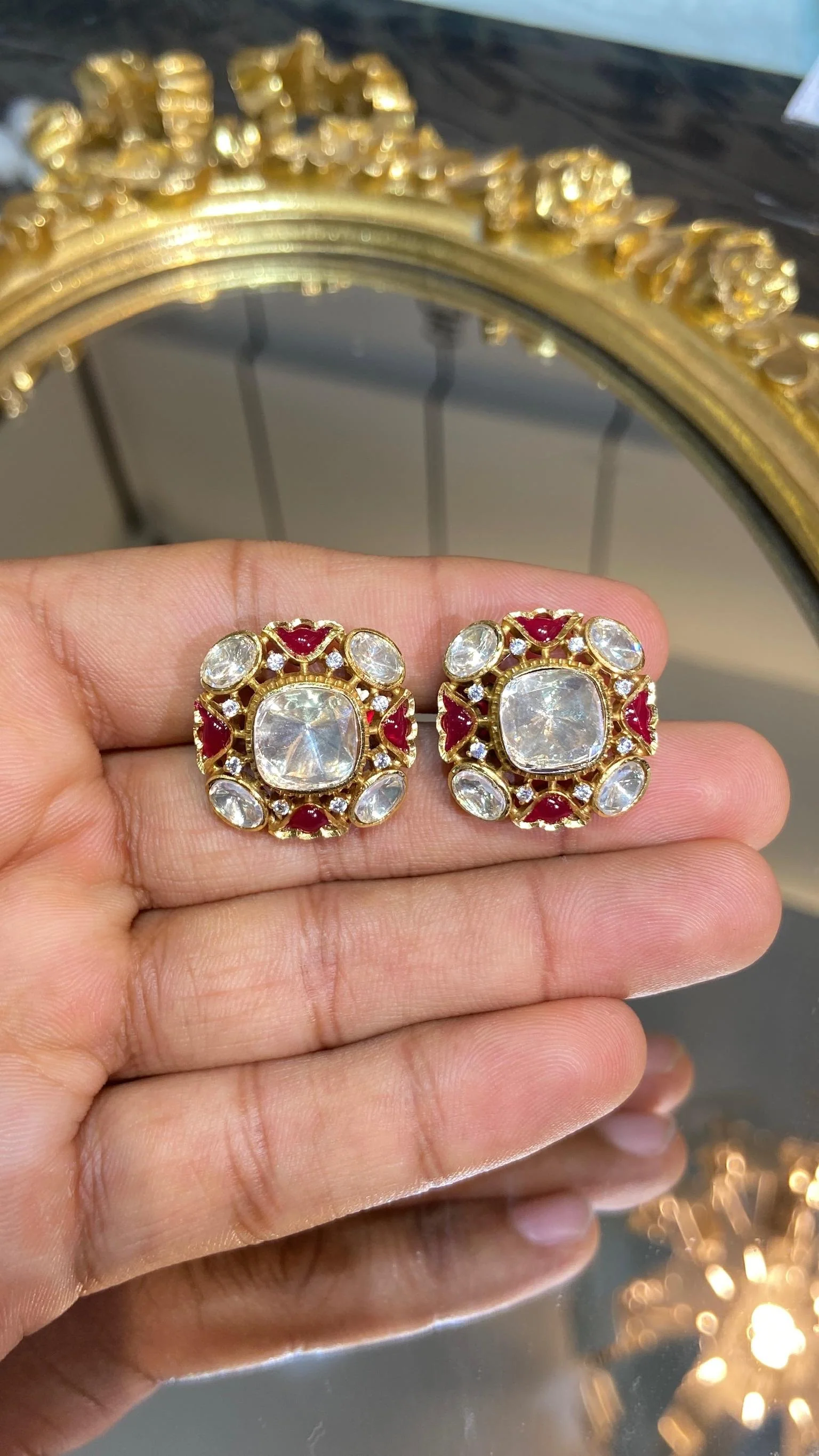 Regal Emerald/Ruby Square polki Studs - Image 3