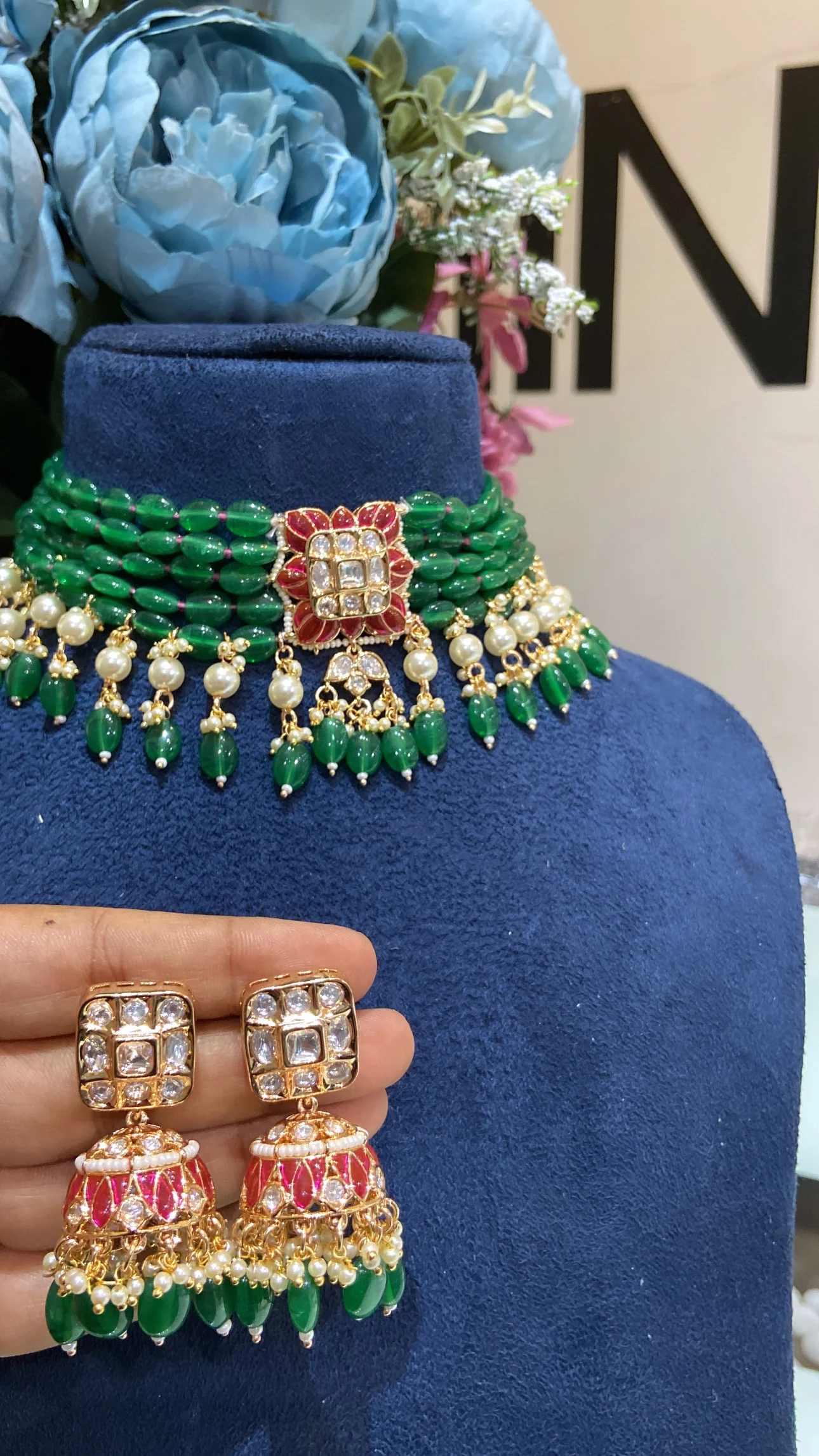 Sonakshi Festive emerald strings kundan polki necklace set - Image 2