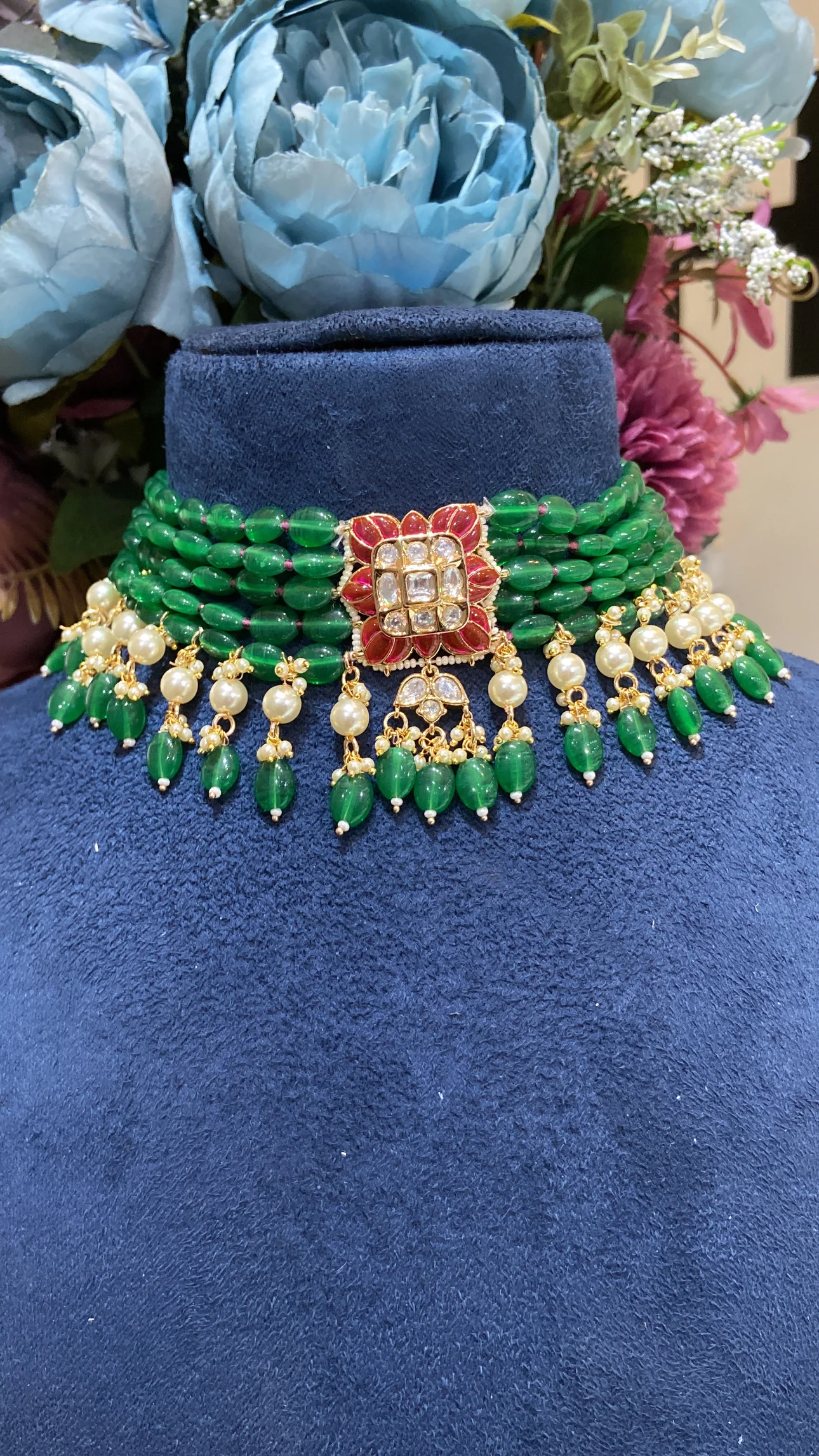 Sonakshi Festive emerald strings kundan polki necklace set - Image 3
